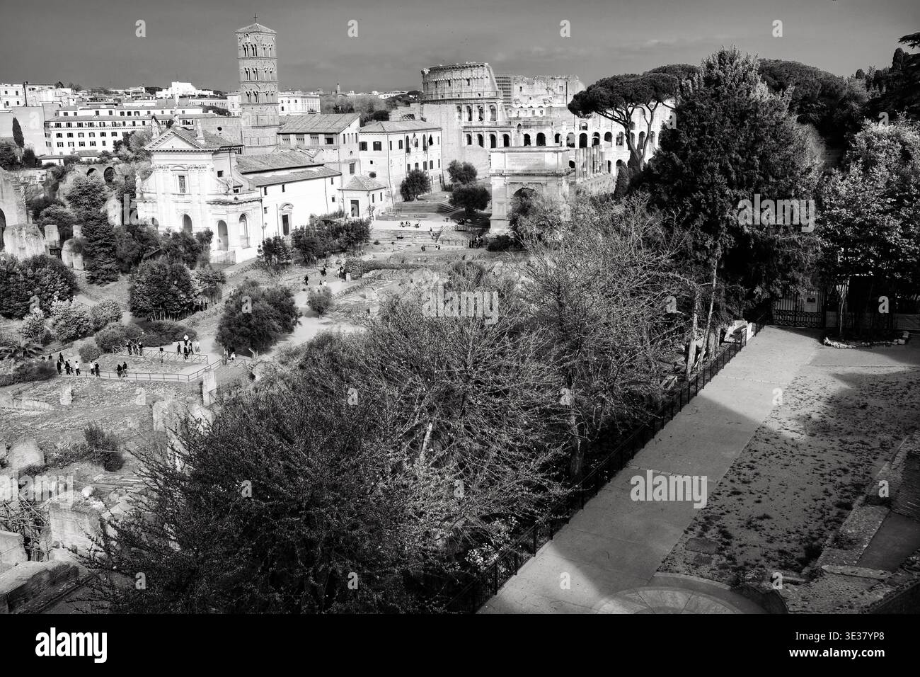 Vue du Forum romain avec le Temple de Saturne et l'Arc de Septimius sévère à Rome, Italie. Banque D'Images