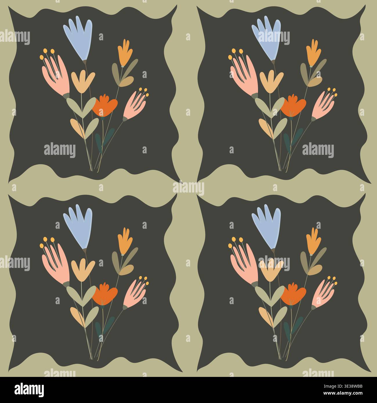 Modèle vectoriel botanique sans couture avec des bouquets de fleurs avec des cadres sur un fond sombre Illustration de Vecteur