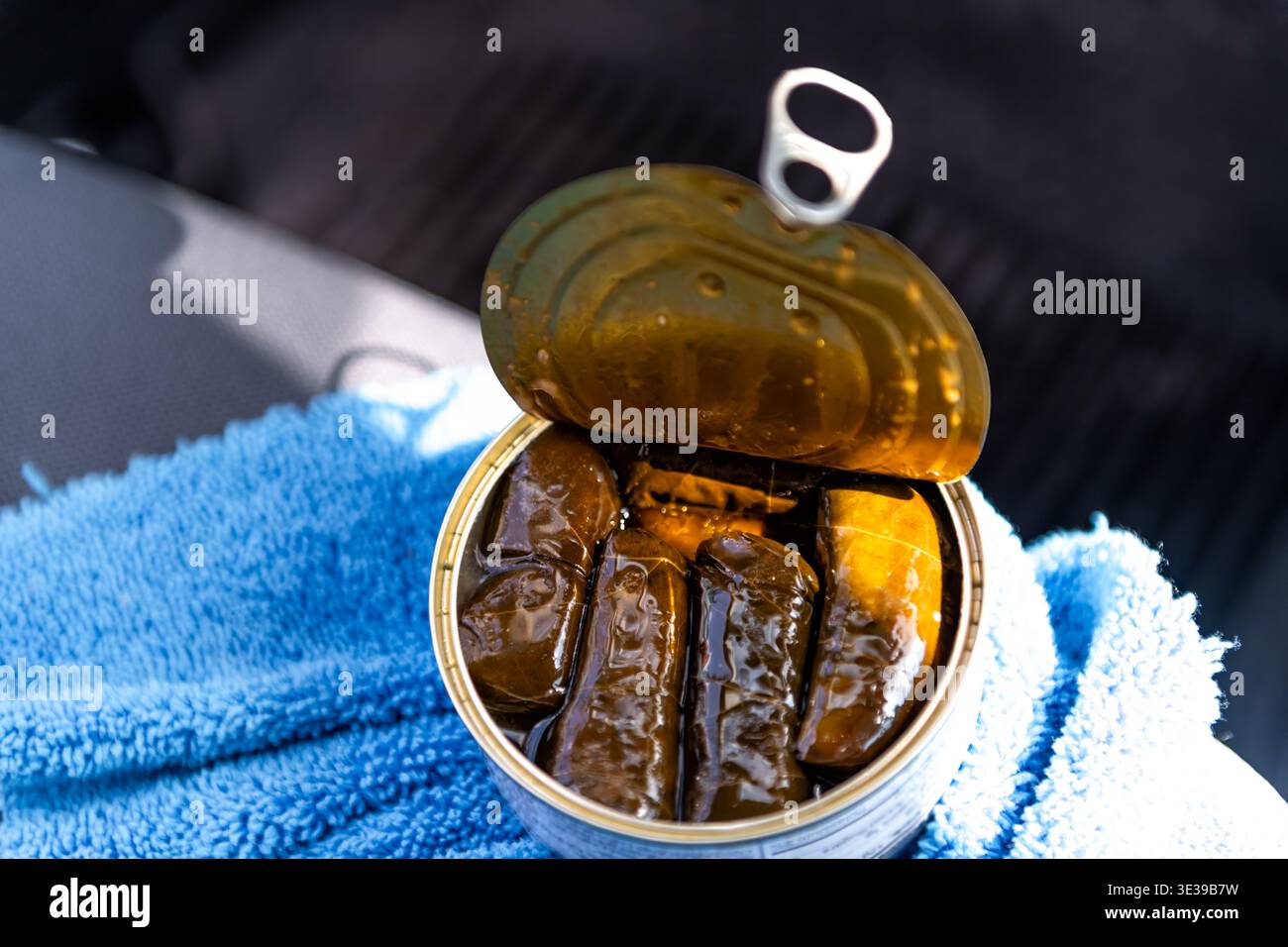 Dolmas Storebuy vigne de raisin riz farci grec casse-croûte alimentaire dans l'huile avec boîte emballée macro gros plan texture de détail de la nourriture dans la voiture Banque D'Images