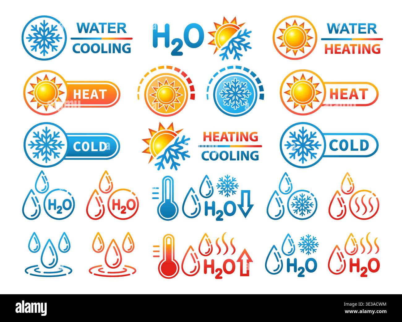 Eau HO, froid, régulation de la température de refroidissement du chauffage H2O, gel liquide, niveau d'humidité. Soleil, panneau de commande de climatisation de neige. Chaud été, temps d'hiver Illustration de Vecteur