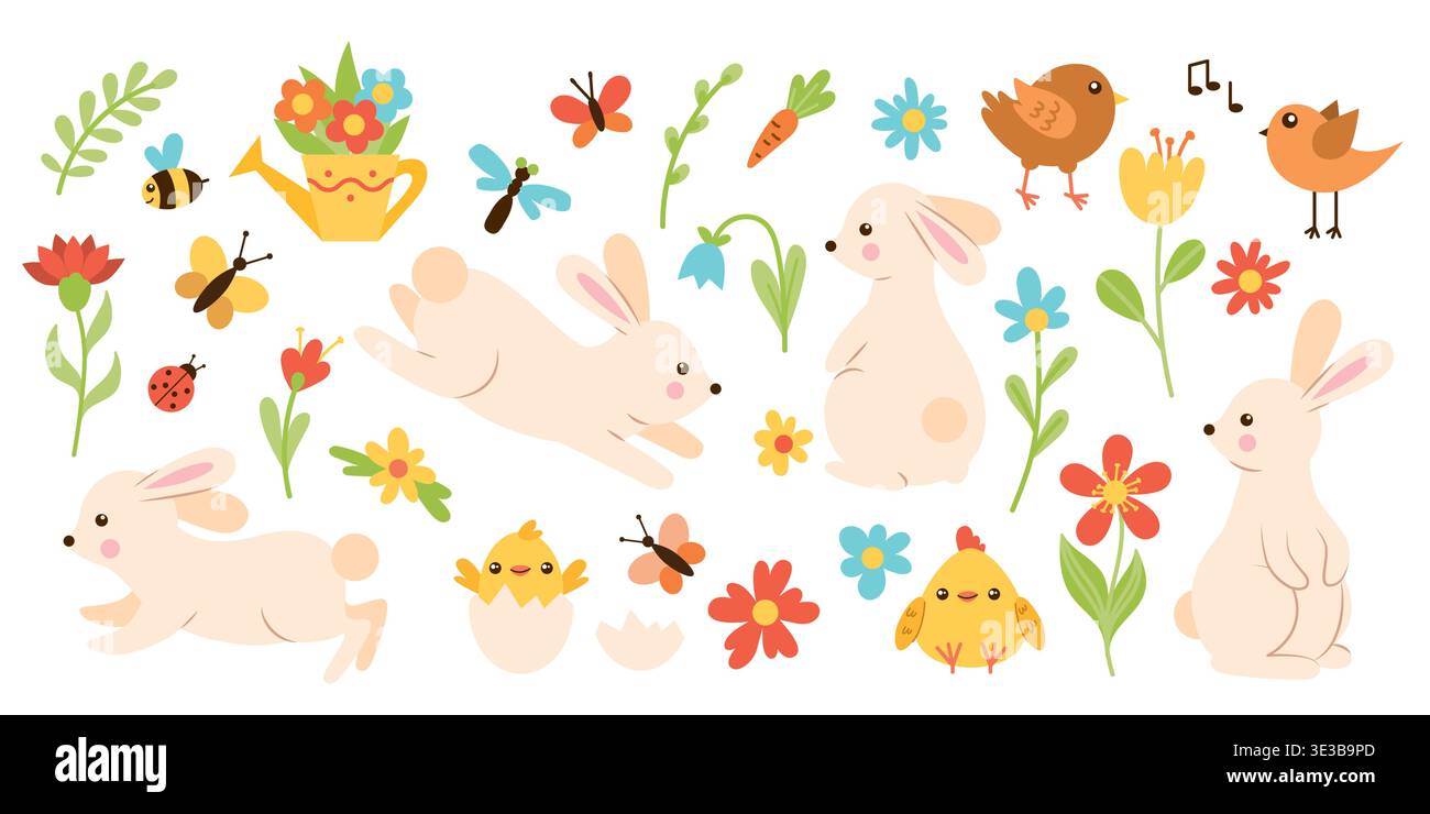 Ensemble d'éléments de printemps avec lapins, fleurs, papillons, poulets, oiseaux et plantes Illustration de Vecteur