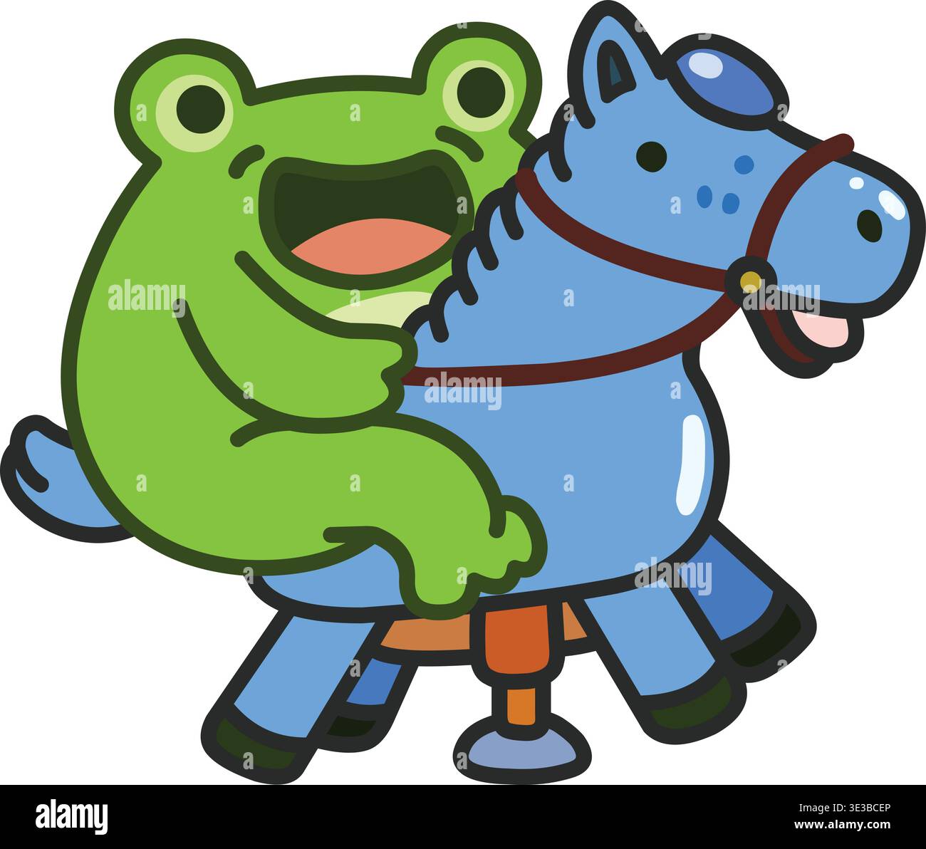 heureuse grenouille verte chevauchant un jouet de cheval à bascule de printemps bleu Illustration de Vecteur
