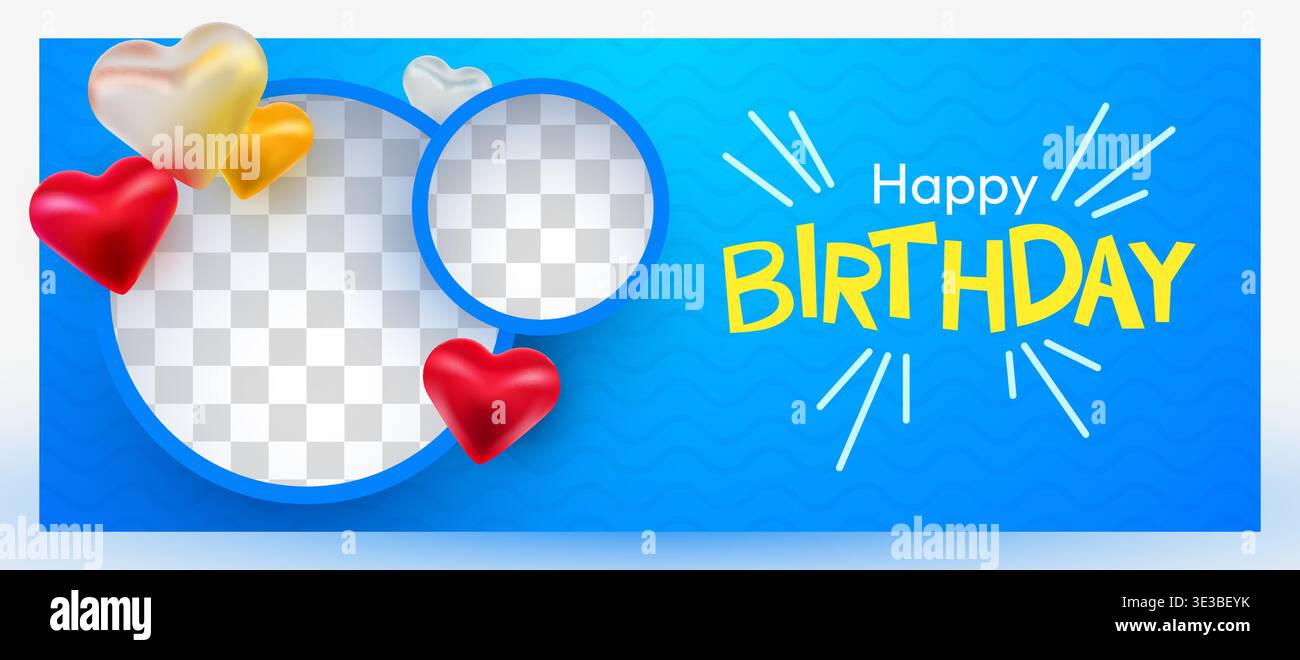 Bannière vibrante Happy Birthday avec une typographie joyeuse, des cadres photo personnalisables et des coeurs 3D réalistes pour les salutations. Illustration vectorielle Illustration de Vecteur