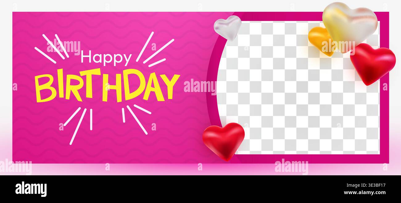 Modèle de bannière joyeux anniversaire avec cadre photo et ballons de coeur 3D pour la célébration. Illustration vectorielle. Illustration de Vecteur