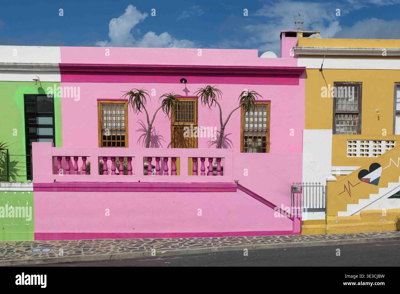Un éclat de couleur et de caractère dans une rue ensoleillée, où façades audacieuses et plantes du désert façonnent un rythme urbain vibrant Banque D'Images