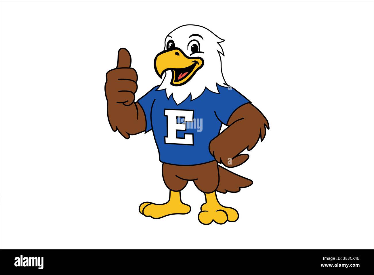 Une mascotte d'aigle de bande dessinée portant une chemise bleue avec une lettre e blanche donnant un pouce vers le haut isolé sur fond blanc Illustration de Vecteur