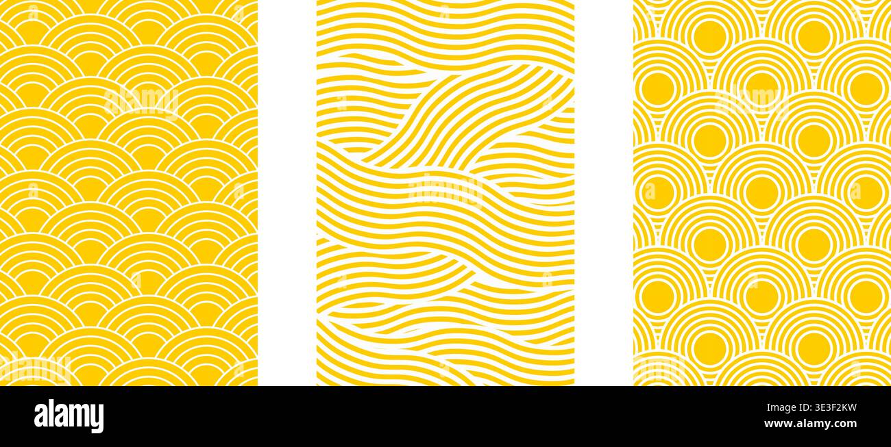 Ensemble d'affiches verticales avec pâtes, ramen, spaghetti ou textures de nouilles pour la cuisine italienne ou japonaise restaurant ou décoration de café. Arrière-plan avec des lignes jaunes rondes et courbes qui se croisent. Illustration de Vecteur