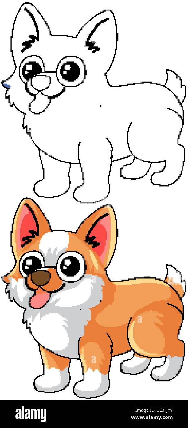 Un chien de corgi de dessin animé présenté dans les versions de contour de couleur et noir et blanc Illustration de Vecteur
