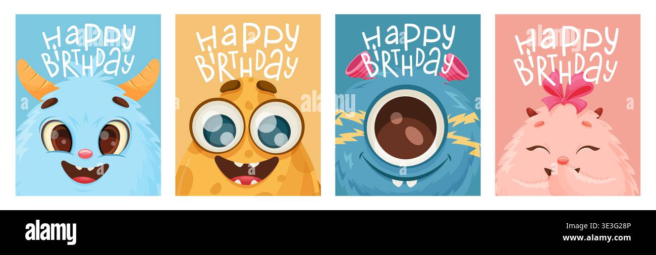 Joyeux anniversaire. Ensemble de carte de voeux avec des monstres mignons. cornes ludiques, amicales Illustration de Vecteur