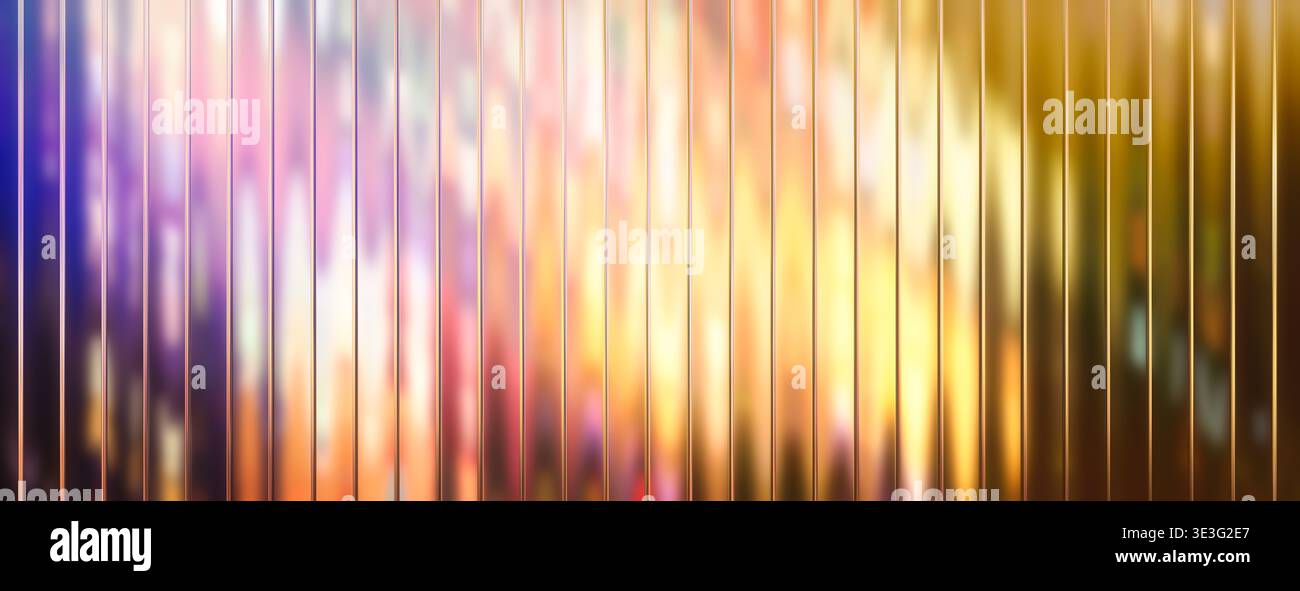 Texture de verre nervurée verticale colorée abstraite avec des lumières floues brillantes Banque D'Images