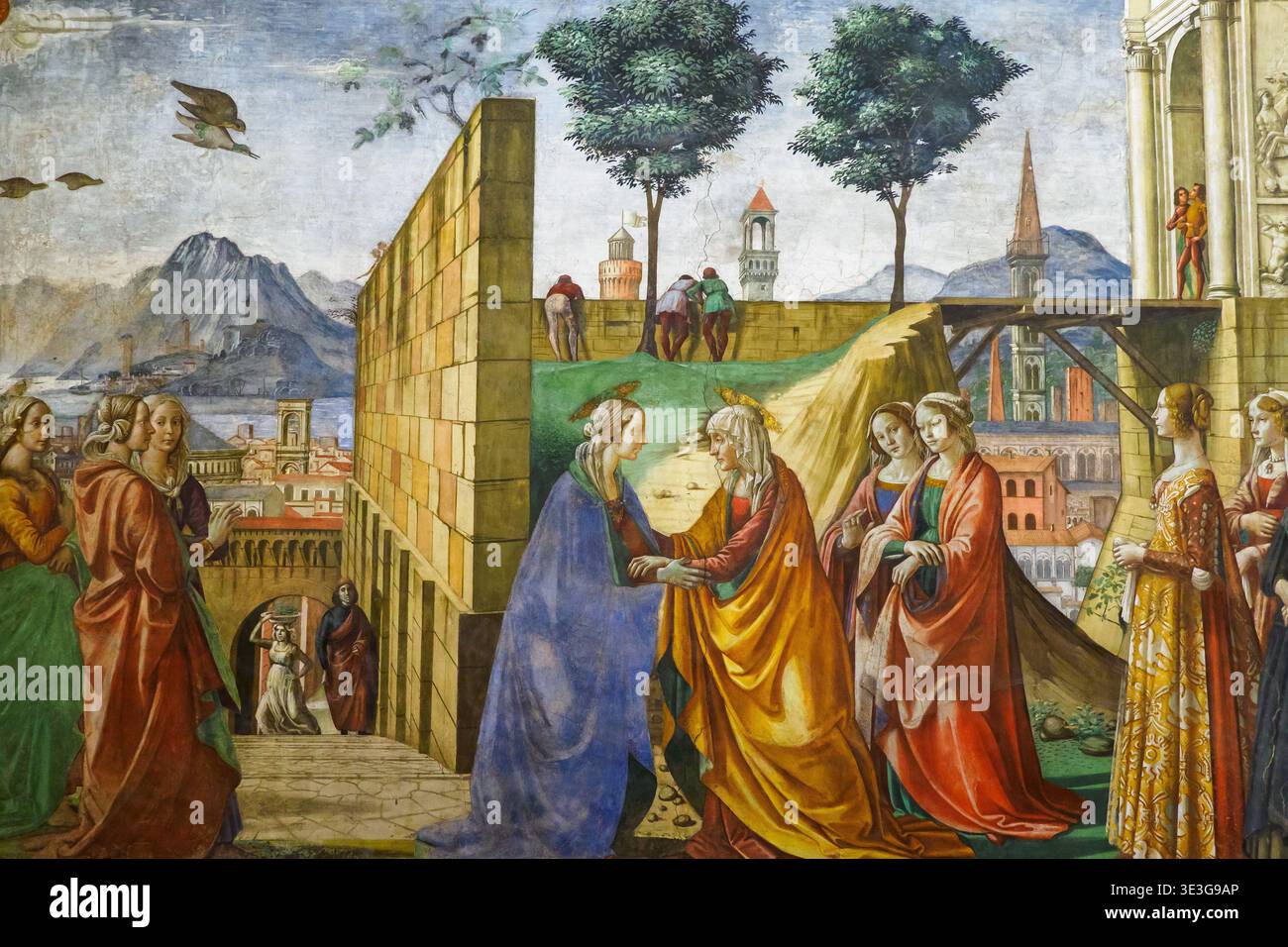 Marie visite Elizabeth (scènes de la vie de Jean Baptiste) de Domenico Bigordi, connu sous le nom de Ghirlandaio (1449 – 1494) et son atelier - Chapelle Tornabuoni (chapelle principale) - Basilique de Santa Maria Novella - Florence, Italie Banque D'Images