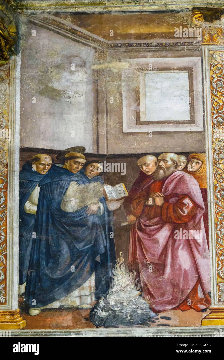 Miracle de Dominique de Domenico Bigordi, connu sous le nom de Ghirlandaio (1449 – 1494) et son atelier - Chapelle Tornabuoni (chapelle principale) - Basilique de Santa Maria Novella - Florence, Italie Banque D'Images