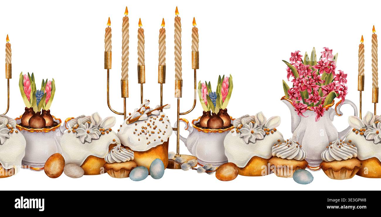 Aquarelle frontière de Pâques sans couture avec gâteaux traditionnels, théières, bougies, œufs et fleurs de jacinthe. Illustration pour Pâques chrétiennes et catholiques Banque D'Images