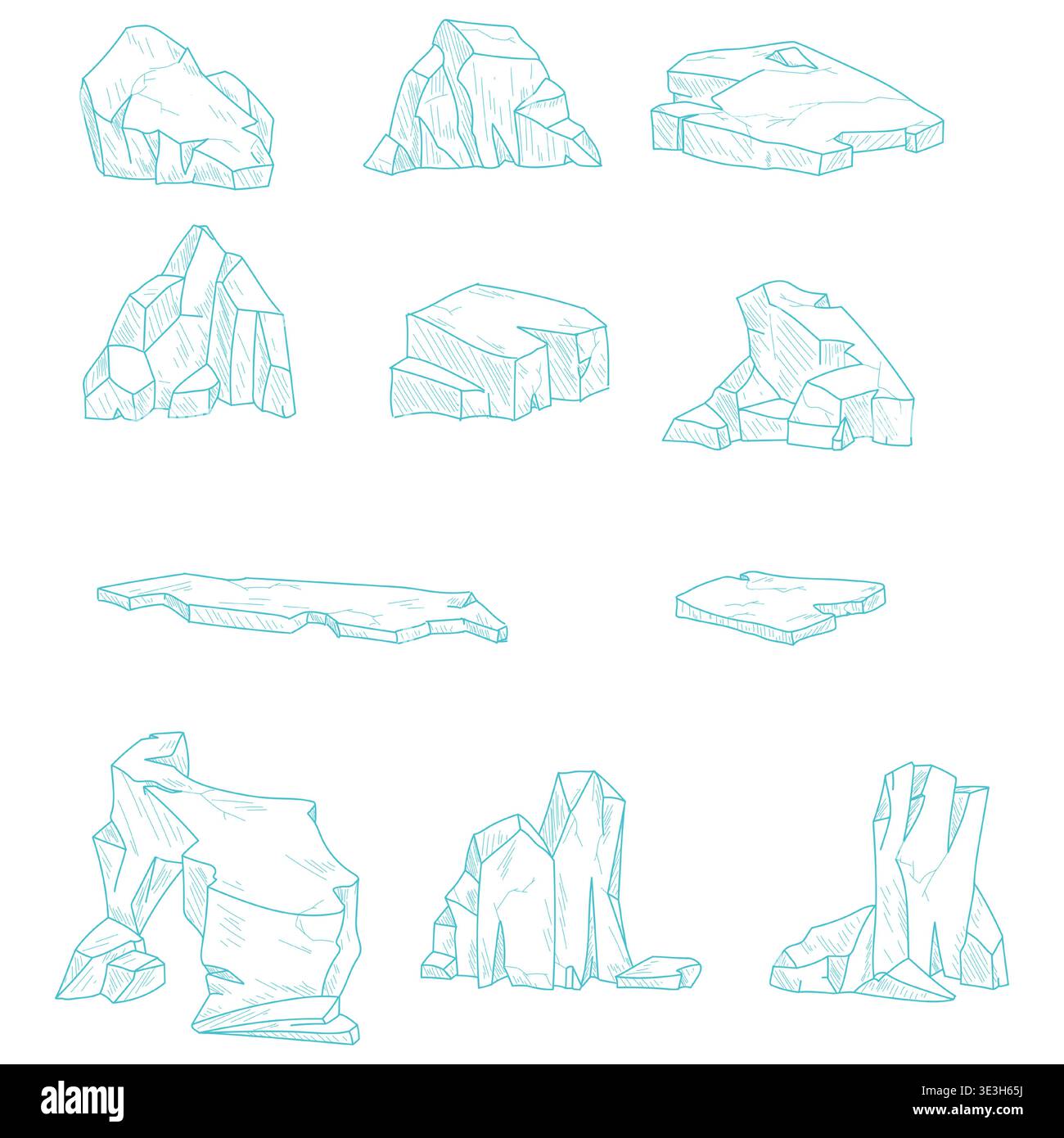 Iceberg, simple dessin au trait, croquis dessiné à la main. Illustration vectorielle. Ensemble de blocs de glace, isolés sur un fond blanc. Pas IA Illustration de Vecteur