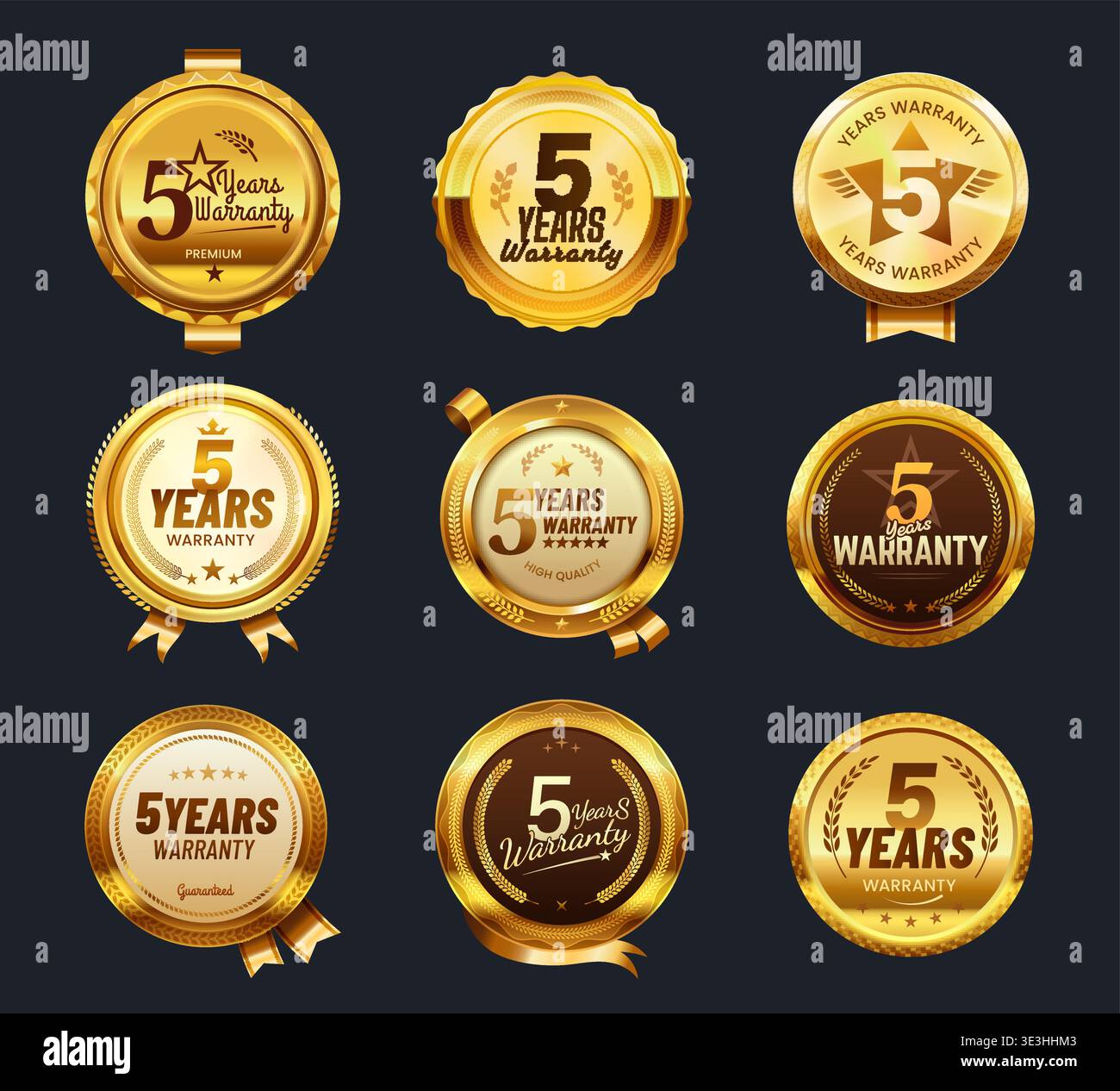 5 ans de garantie étiquette dorée, badges, sceaux de récompense Illustration de Vecteur
