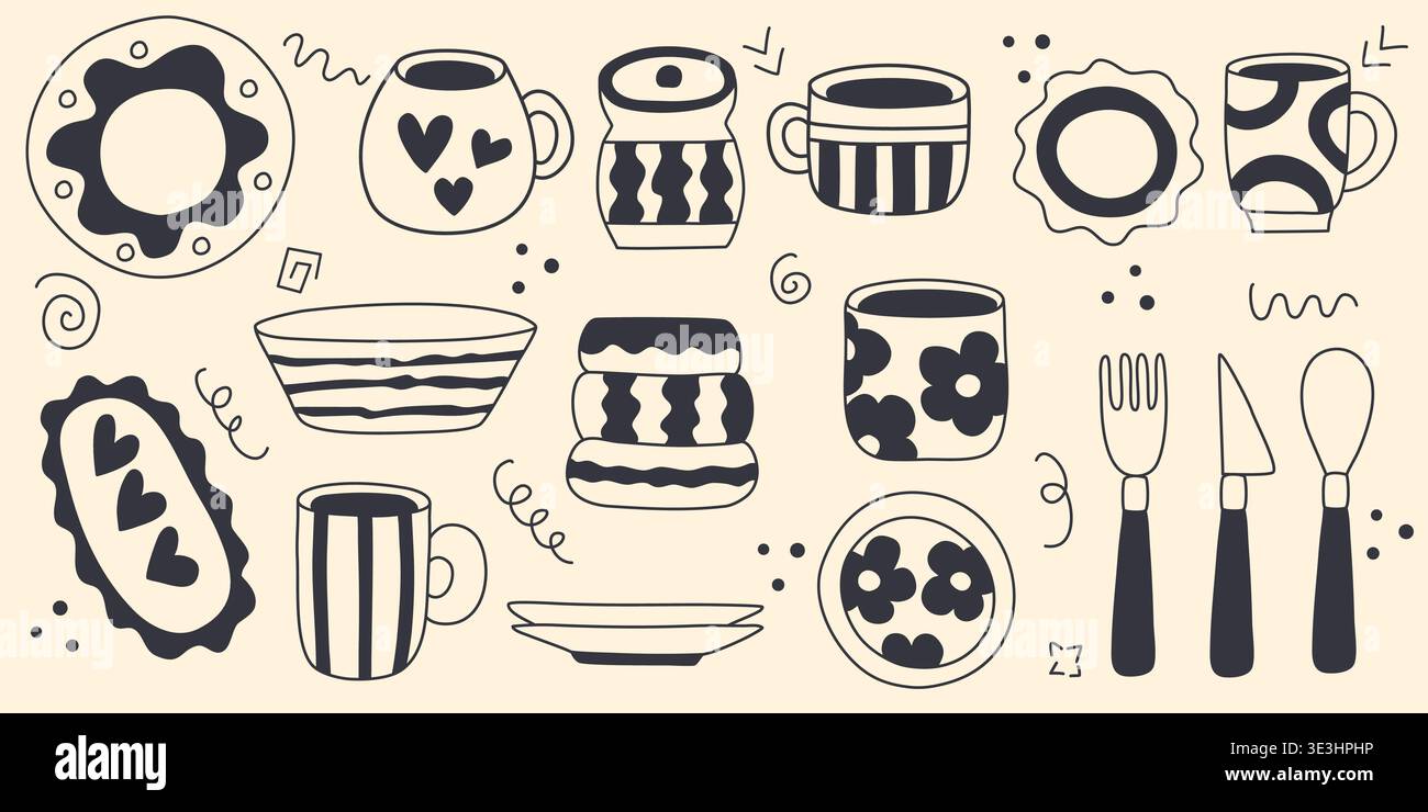 Ustensiles de cuisine et couverts de style croquis. Illustrations simples à l'encre dessinées à la main de la plaque, tasse, verre, couteau, fourchette, cuillère. Nettoyez la vaisselle Illustration de Vecteur