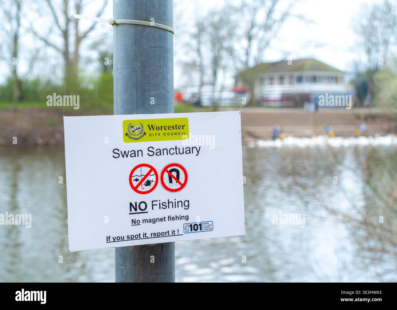 Vue rapprochée d'un sanctuaire des cygnes, pas de pêche, pas de signe de pêche magnétique, sur un poteau en fonte sur la rivière Severn à Worcester, surplombant un troupeau de SW Banque D'Images