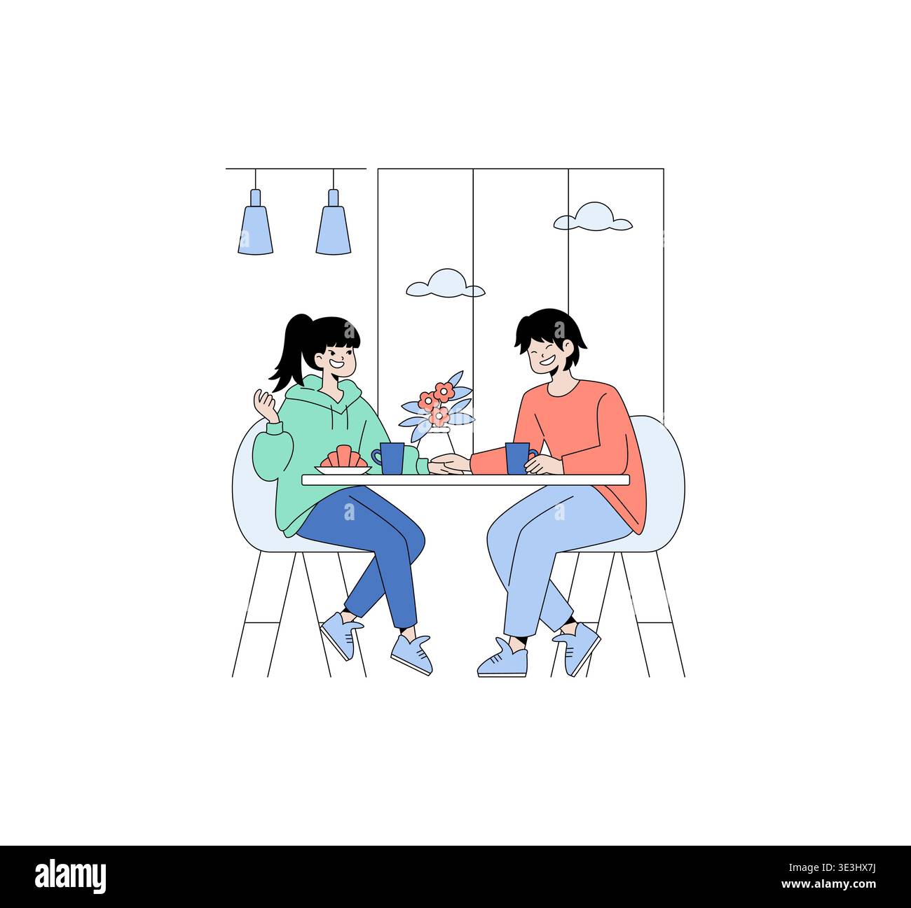 Illustration vectorielle de deux amis partageant un café décontracté et des pâtisseries à une table confortable. L'image capture un moment léger, à la fois souriant et appréciant leur conversation. Illustration de Vecteur