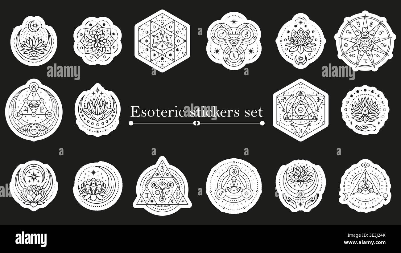 Set d'autocollants ésotériques. Différents éléments de ligne magique avec constellation, étoiles, fleurs de lotus, lune. Tarot, astrologie, symboles de méditation, vecteur Illustration de Vecteur