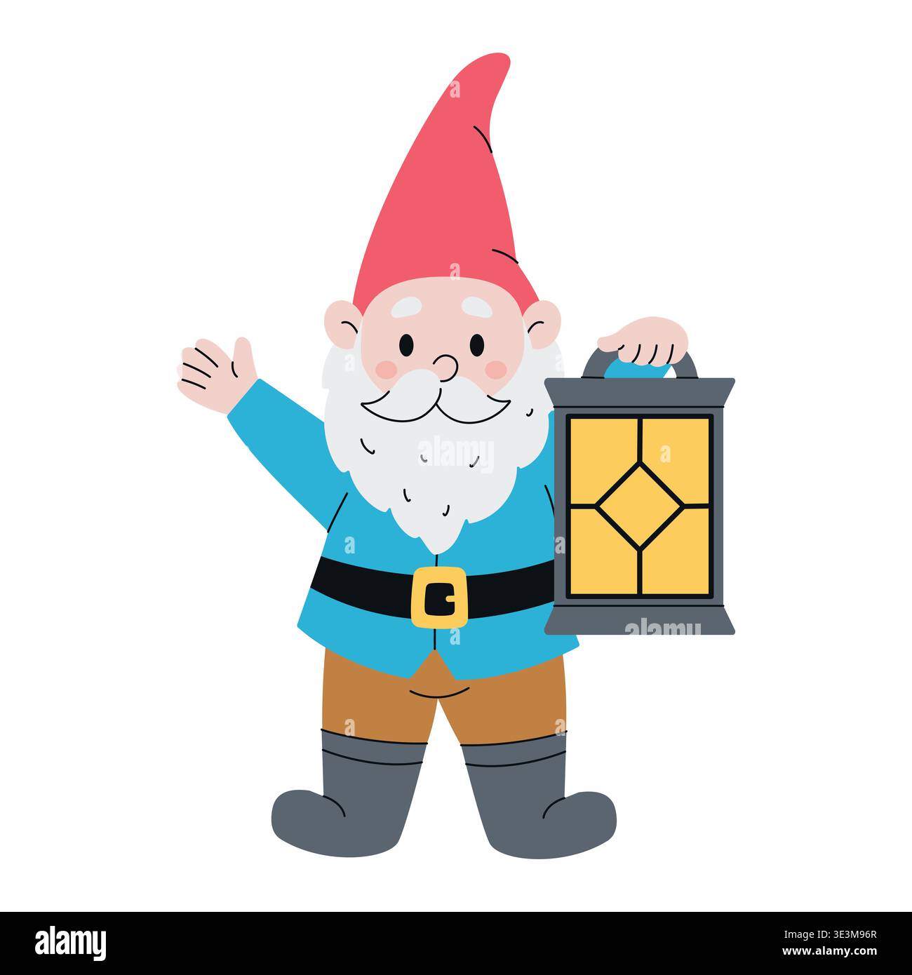 Joli gnome de jardin de dessin animé avec une lanterne. Dessiné à la main. Illustration vectorielle, isolée sur fond blanc. Illustration de Vecteur
