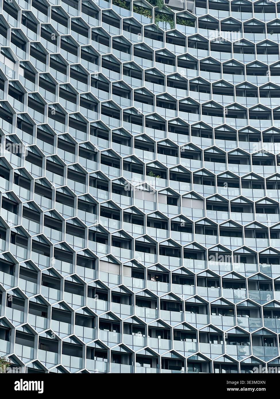 Les formes octogonales avec des fenêtres se répètent pour former la façade d'un immeuble de bureaux moderne à Singapour. Banque D'Images