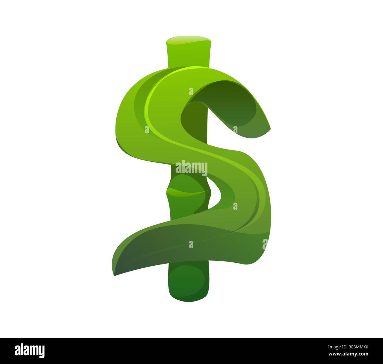 Symbole du dollar de dessin animé comme tige et feuille de bambou vert, police agricole, police de ferme, type de récolte, symbole de l'alphabet anglais drôle, glyphe en forme de plante vectorielle isolée, lettre de police écologique et signe de monnaie Illustration de Vecteur