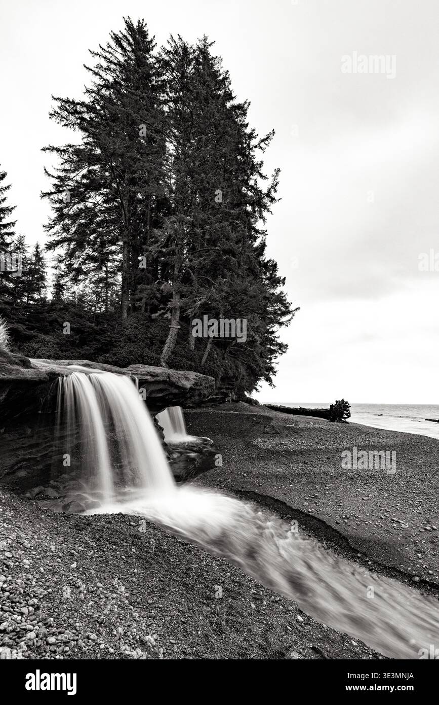 Cascade sur Sandcut Beach - Parc régional Jordan River - près de Sooke, Île de Vancouver, Colombie-Britannique, Canada [image noir et blanc] Banque D'Images