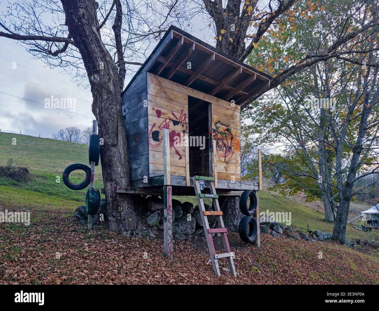 Une maison de théâtre en bois, accessible par une échelle marquée Enter à vos propres risques, abrite des souvenirs d'enfance. Banque D'Images