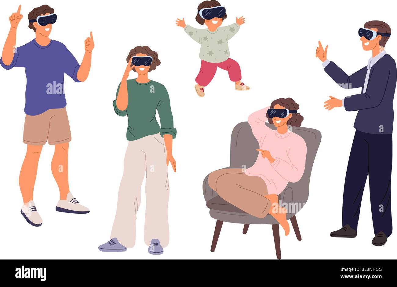 Hommes, femmes et enfants portant des lunettes de réalité virtuelle. Lunettes numériques. Lunettes de protection pour le cyberespace. Simulation VR et AR. Technologie d'innovation. Les gens Illustration de Vecteur