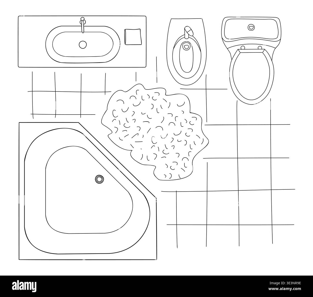 Illustration de ligne noire d'un plan d'étage de salle de bain Illustration de Vecteur