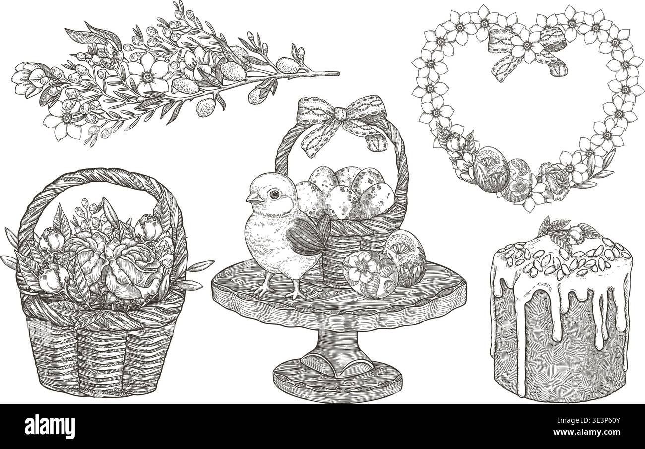 Ensemble vecteur de Pâques avec poussin sur le plateau en bois et le panier de fleurs roses. Illustration de contour vintage dessinée à la main avec bouquet de saule et jasmin et cadre de coeur. Parfait pour carte de vacances traditionnelle. Illustration de Vecteur