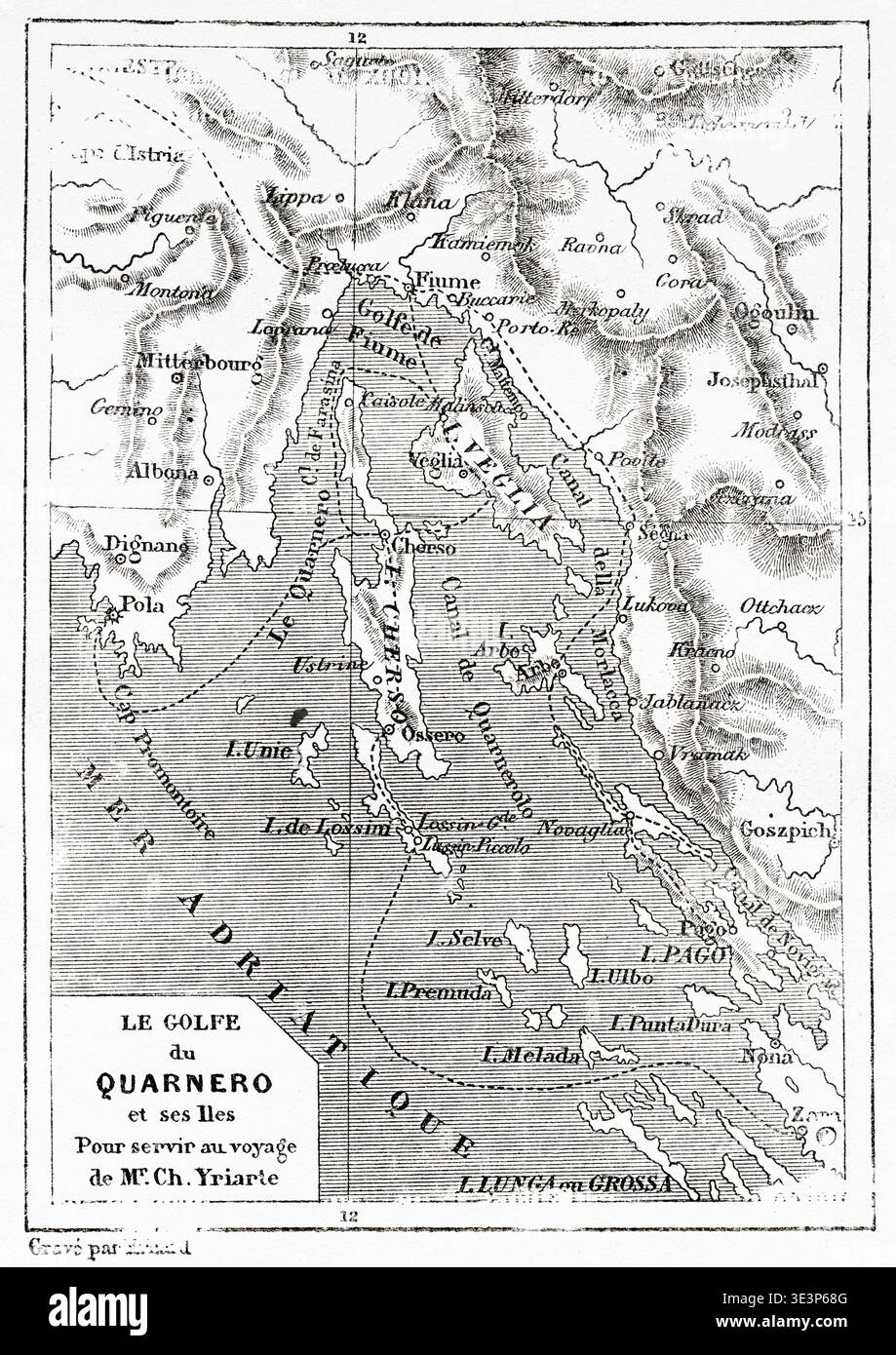 Ancienne carte du golfe de Kvarner et de ses îles, Croatie. Europe. Voyage en Dalmatie en 1874 par Charles Yriarte (1832-1898) le Tour du monde 1876 Banque D'Images