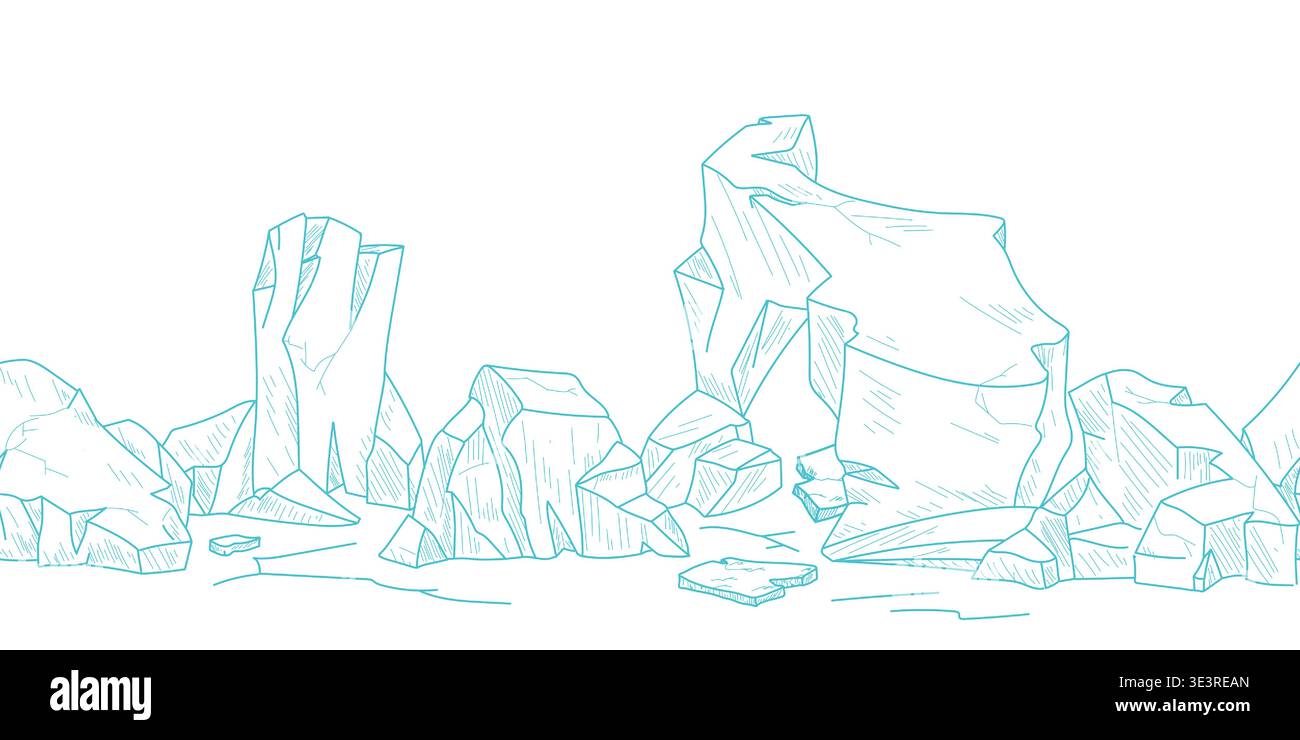 Iceberg sur une bordure horizontale transparente, dessin simple au trait, croquis à la main. Illustration vectorielle. Floes de glace arctiques isolées sur un fond blanc. Pas Un Illustration de Vecteur