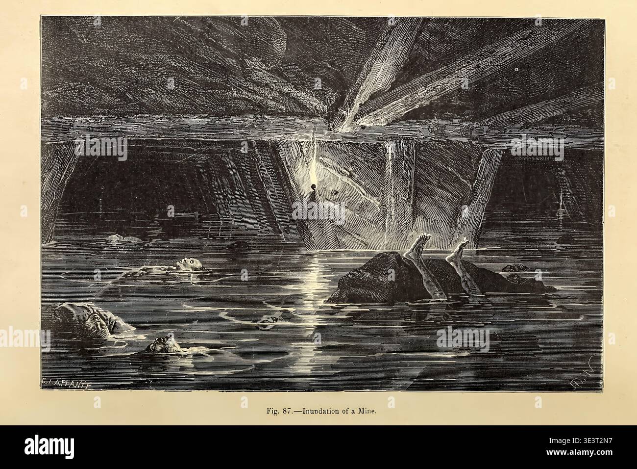 Scène de catastrophe minière montrant des inondations souterraines avec de l'eau et des mineurs décédés flottant, une figure solitaire observant l'inondation mortelle et ses conséquences tragiques. Underground Life : Or, Mines and Miners de Simonin, Louis, 1830-1886, Bristow, Henry W. (Henry William), 1817-1889 date de publication 1869 Banque D'Images