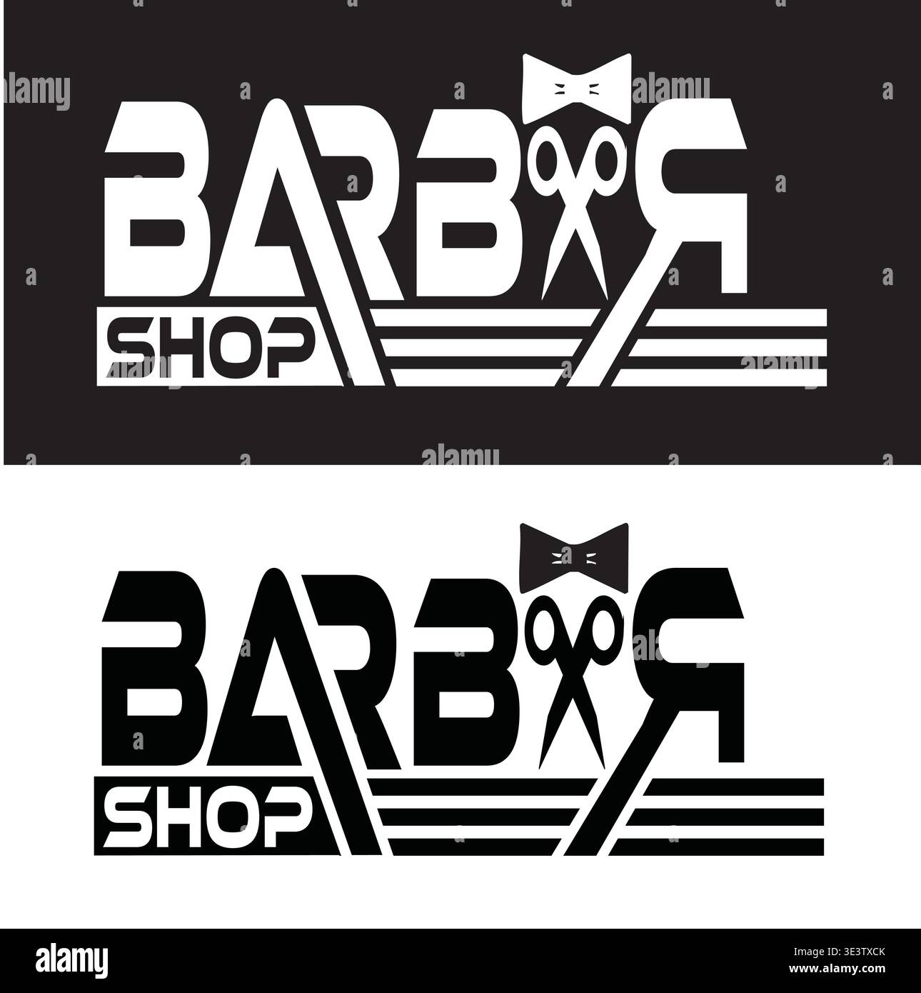 Conception vectorielle de logo de salon de coiffure moderne avec typographie créative avec des ciseaux intégrés et des icônes de noeud papillon dans un noir et blanc monochrome audacieux Illustration de Vecteur