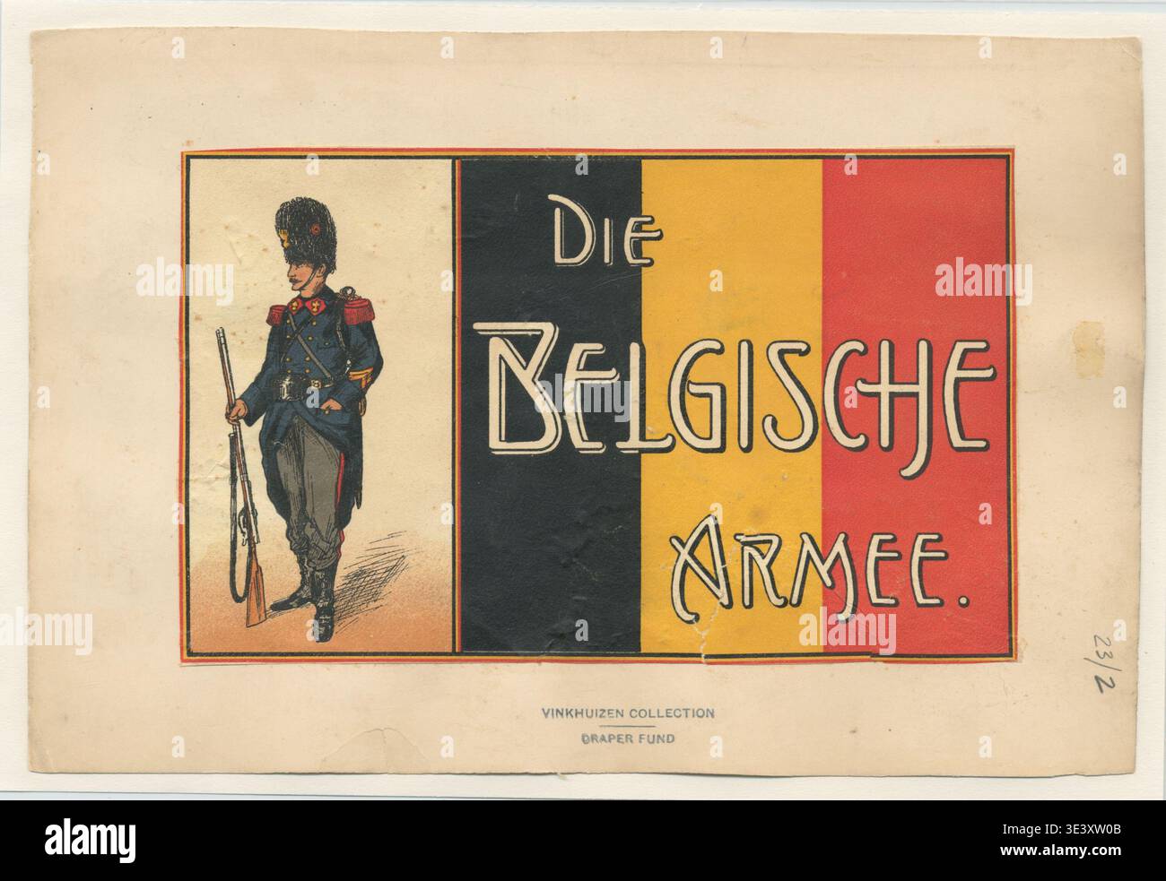 Soldat de l’armée belge en uniforme avec fusil, représenté sur une illustration militaire vintage intitulée « Die Belgische Armee », de la collection d’uniformes militaires Vinkhuijzen, collectée par Hendrik Jacobus Vinkhuijzen à Amsterdam. Banque D'Images