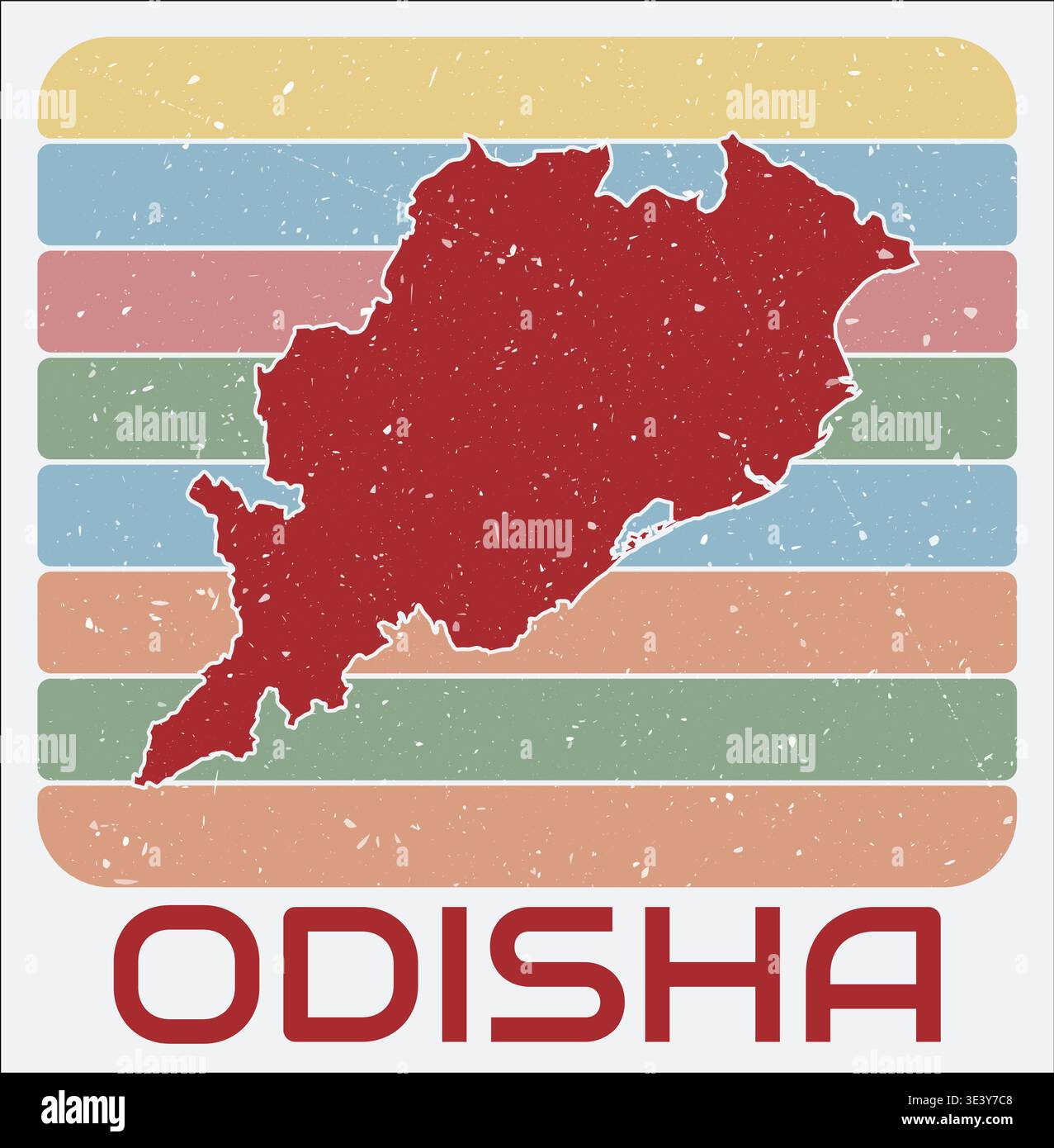 Odisha, logo vintage Inde. Forme de l'état sur fond de rayures de couleur rétro. Conception de carte Odisha, Inde avec texture grunge scratch. Illustration de Vecteur