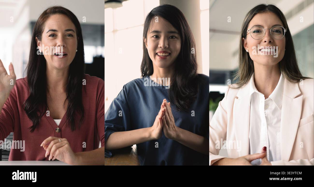 Jeunes femmes de différentes races parlant en appel vidéo Banque D'Images