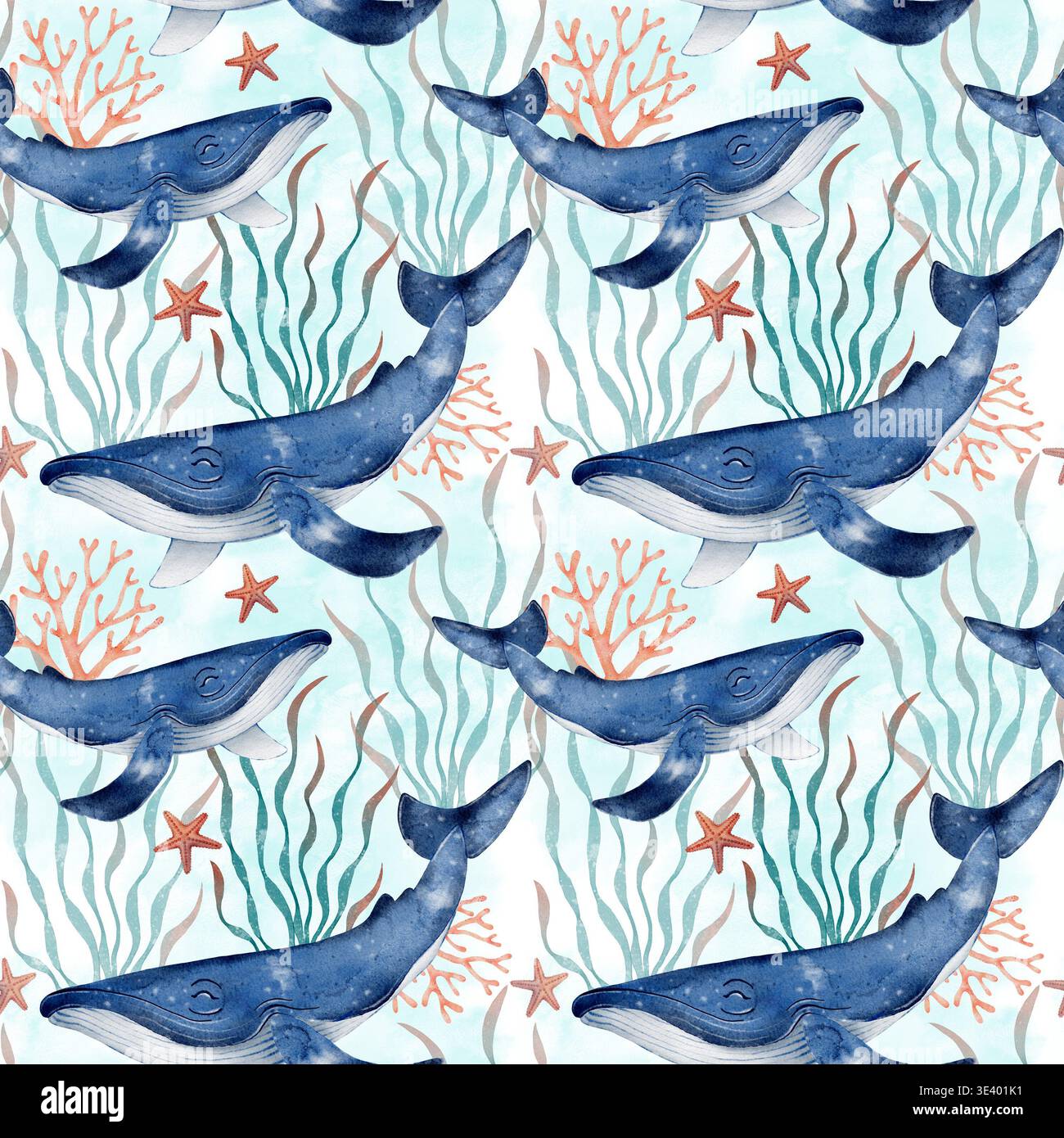 Modèle sans couture avec des baleines bleues corail algues et étoiles de mer dans la composition de l'océan. Illustration de dessin d'aquarelle dessinée à la main avec des éléments marins, idéal pour l'emballage de papier peint en tissu textile. Banque D'Images