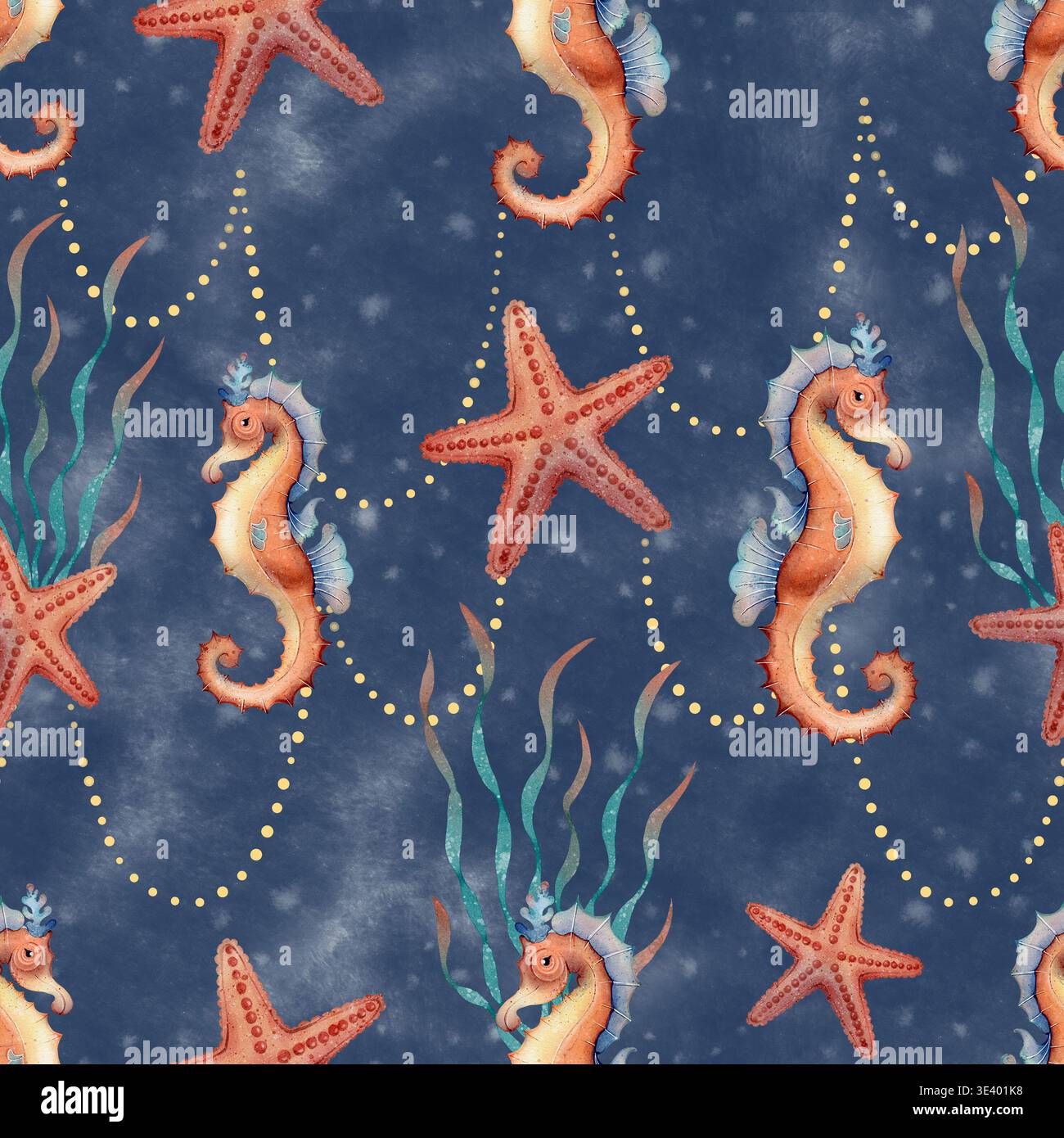 Modèle sans couture avec de mignons hippocampes étoiles de mer et des bulles dans une composition océanique ludique. Illustration de dessin d'aquarelle dessinée à la main, idéale pour l'emballage de papier peint textile de pépinière de bébé. Banque D'Images