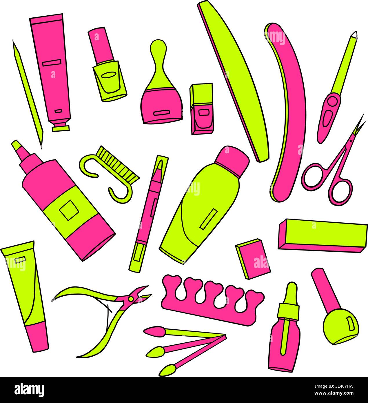 Mise en place d'outils de beauté néon illustration plate avec accessoires de manucure et de cosmétique Illustration de Vecteur