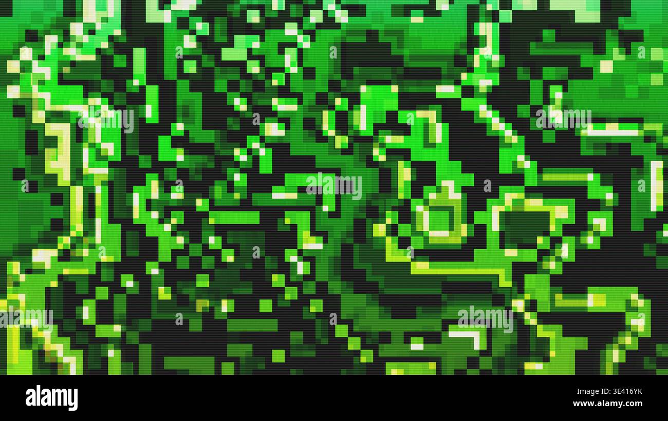 Fond vert Pixel Glitch avec distorsion numérique du bruit Banque D'Images