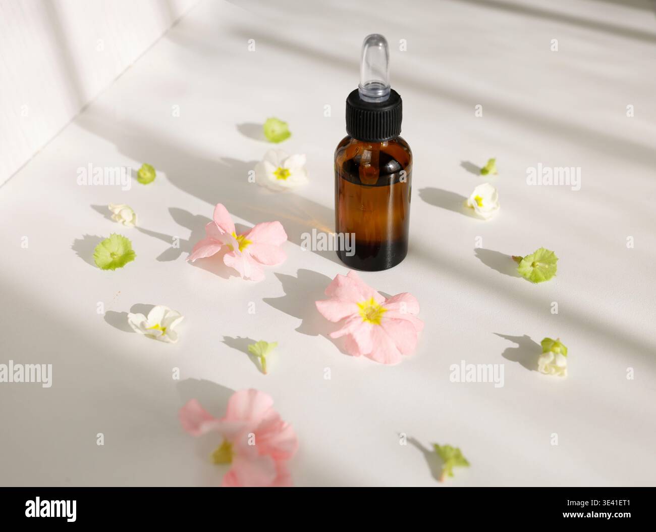 Bouteille d'huile essentielle bio avec compte-gouttes en verre entouré de fleurs printanières. Flacon en verre ambré avec sérum naturel pour soins de la peau ou aromathérapie Banque D'Images