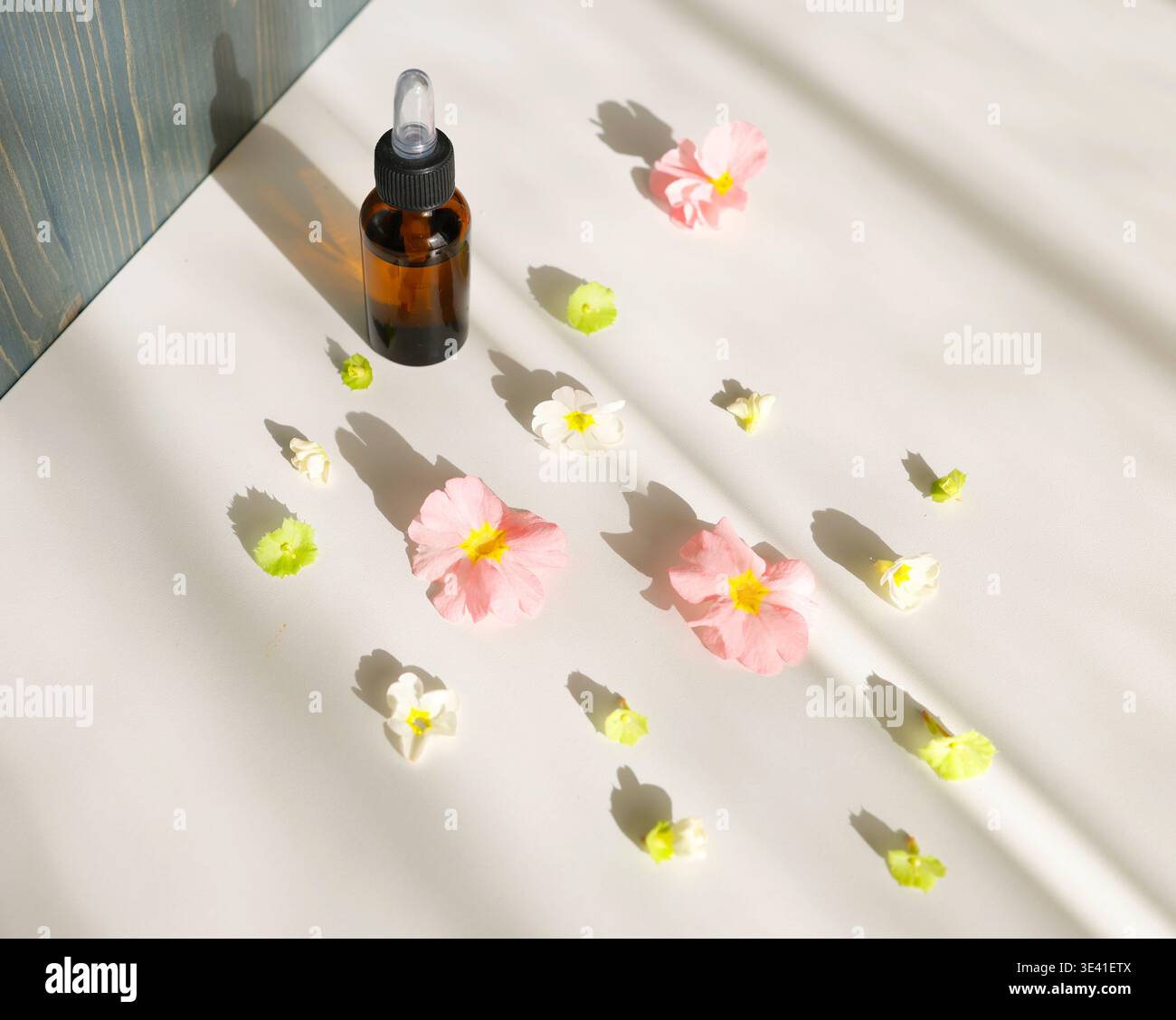 Bouteille d'huile essentielle bio avec compte-gouttes en verre entouré de fleurs printanières. Flacon en verre ambré avec sérum naturel pour soins de la peau ou aromathérapie Banque D'Images