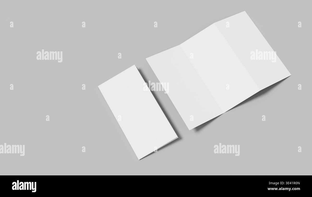 Maquette minimale de brochure à trois plis sur fond gris neutre avec une composition propre pour la conception d'impression de présentation de marque et les visuels marketing. 3D il Banque D'Images