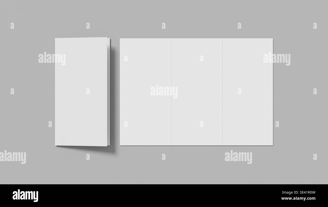 Maquette de brochure moderne à trois plis avec mise en page propre sur fond neutre idéale pour les projets d'impression de présentation de marque et les visuels marketing. 3D illus Banque D'Images