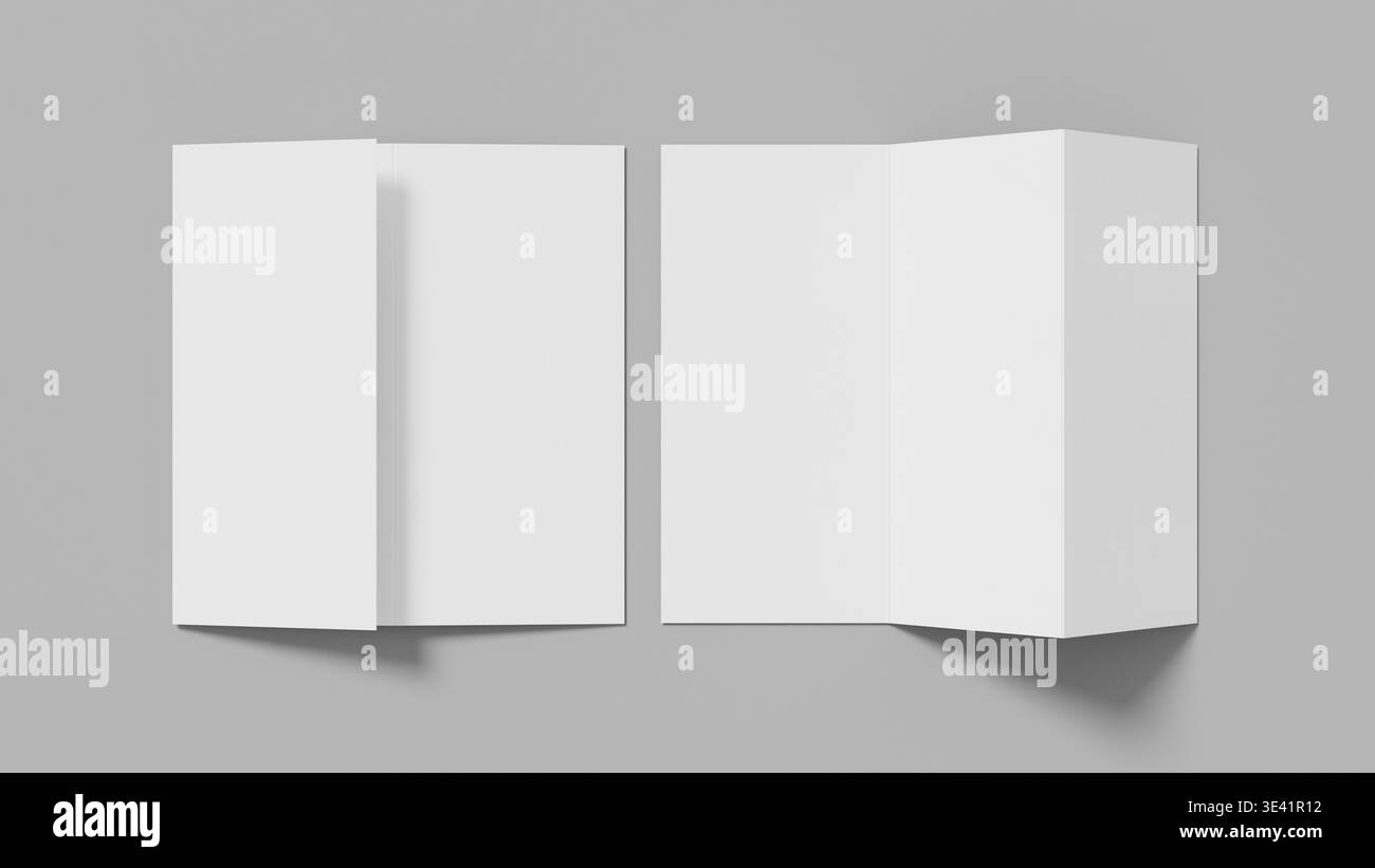 Maquette de brochure neutre à trois plis avec composition propre sur fond gris idéale pour la mise en page d'impression de présentation de marque et l'utilisation marketing. Illustration 3D. Banque D'Images