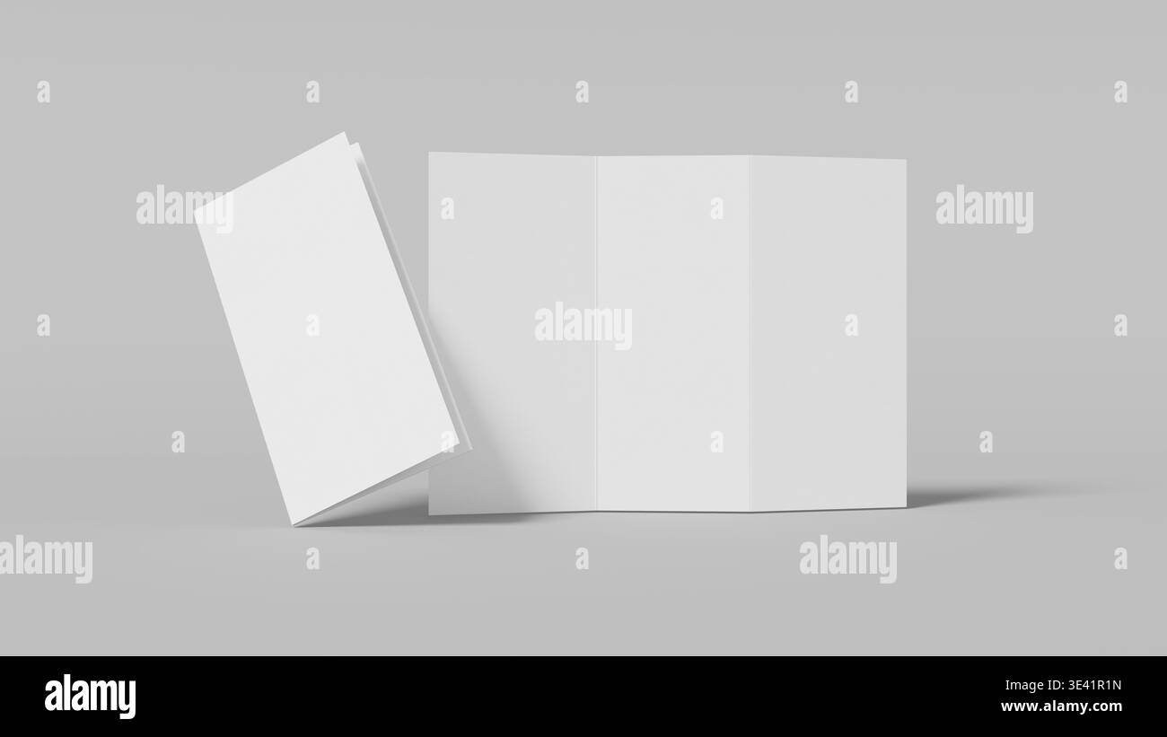 Maquette de brochure réaliste à trois plis sur fond gris neutre avec mise en page propre idéale pour la conception d'impression de présentation de marque et les visuels marketing. 3D. Banque D'Images