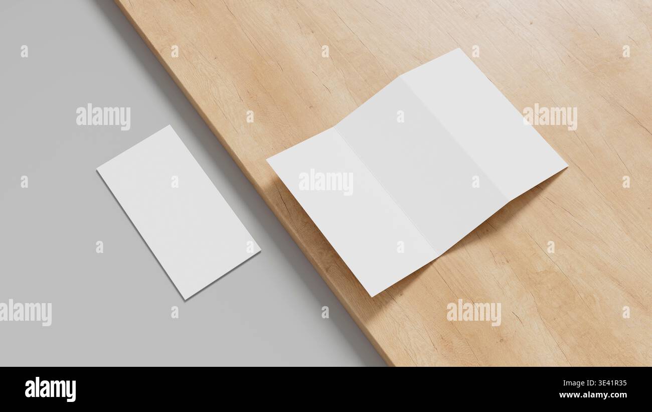 Maquette minimale de brochure à trois plis sur fond en bois avec une composition propre idéale pour la conception d'impression de présentation de marque et les visuels de marketing. 3D il Banque D'Images