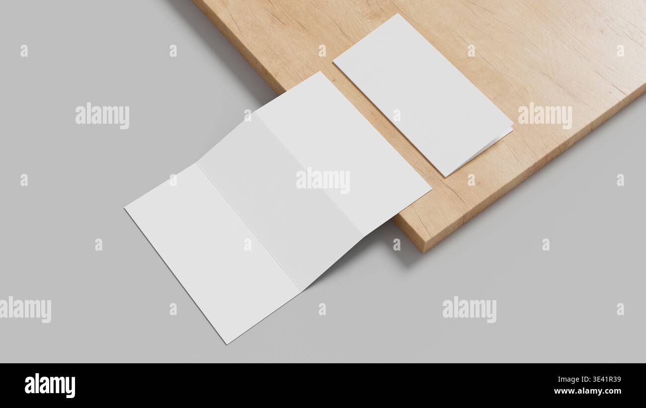 Maquette de brochure moderne à trois plis sur fond de bois avec une mise en page propre idéale pour la conception d'impression de présentation de marque et les visuels de marketing. Illustrati 3D. Banque D'Images
